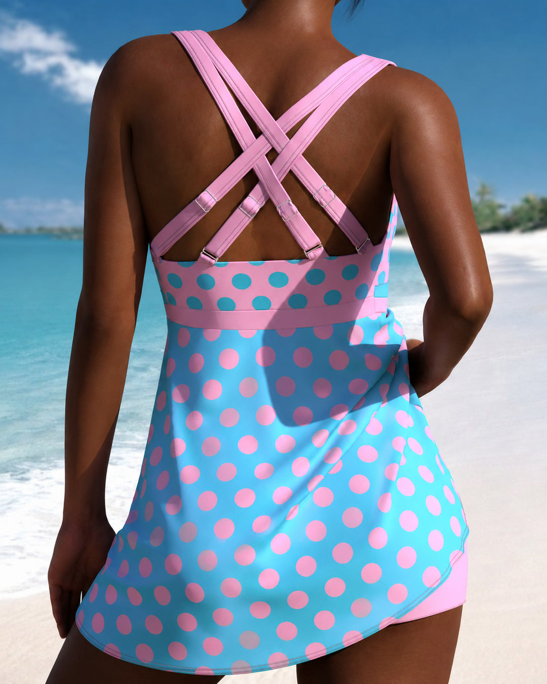 Mid Waisted Polka Dot Criss Cross Pink Swimdress Set