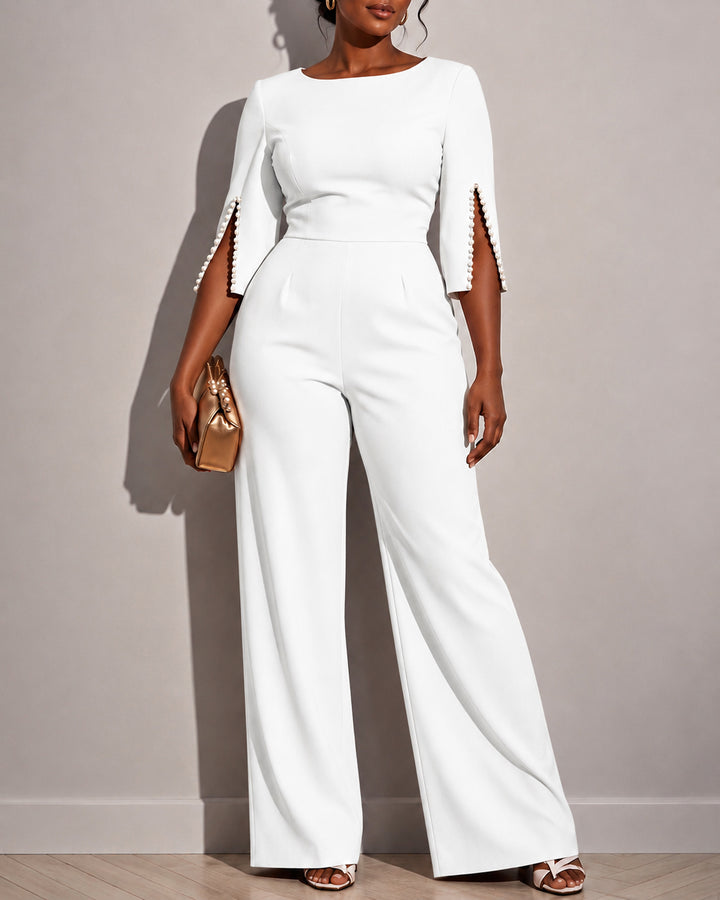 Women's Round Neck Pearl Sleeve Wide-leg High-waisted Jumpsuit