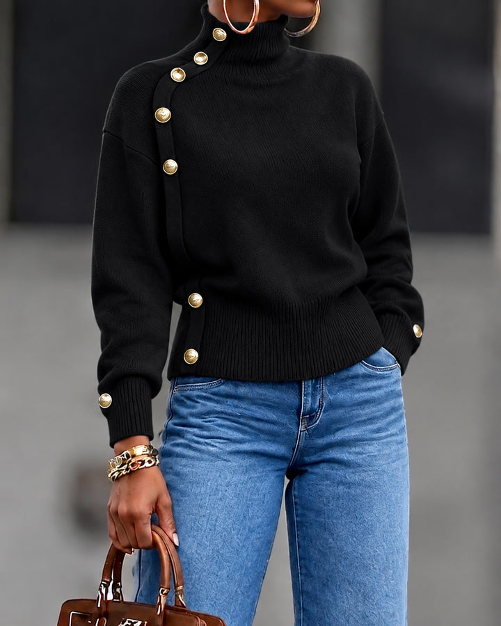 Women's Turtleneck Long Sleeve Asymmetrical Gold Button Knit Sweater