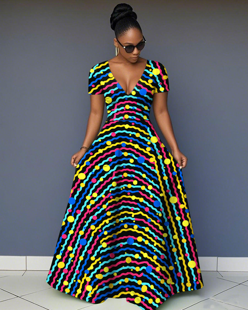 V-Neck Colorful Polka Dot Stripes Short-Sleeved Maxi Dress
