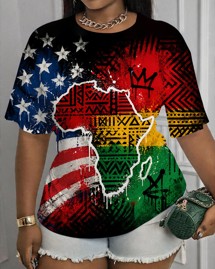 Reggae Color Africa Map American Flag Print Round Neck Short Sleeve T-Shirt