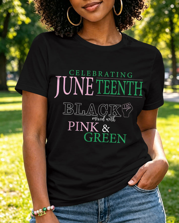 100% Cotton Celebrating Juneteenth AKA colors Crew Neck Short Sleeve Tshirt