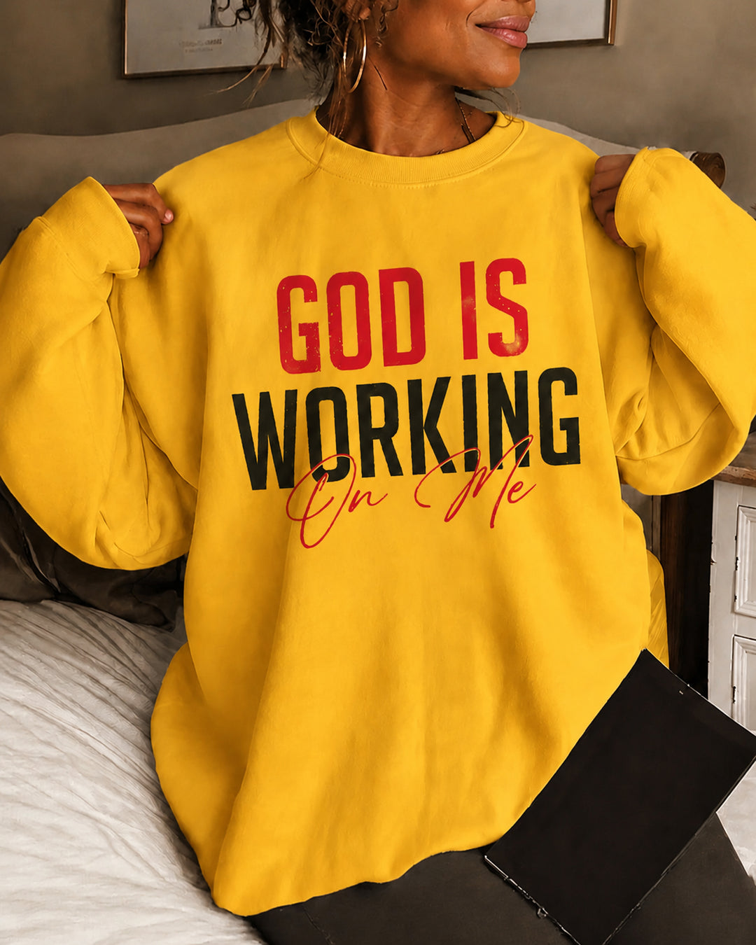 Women's God Is Working On Me Round Neck Sweatshirt