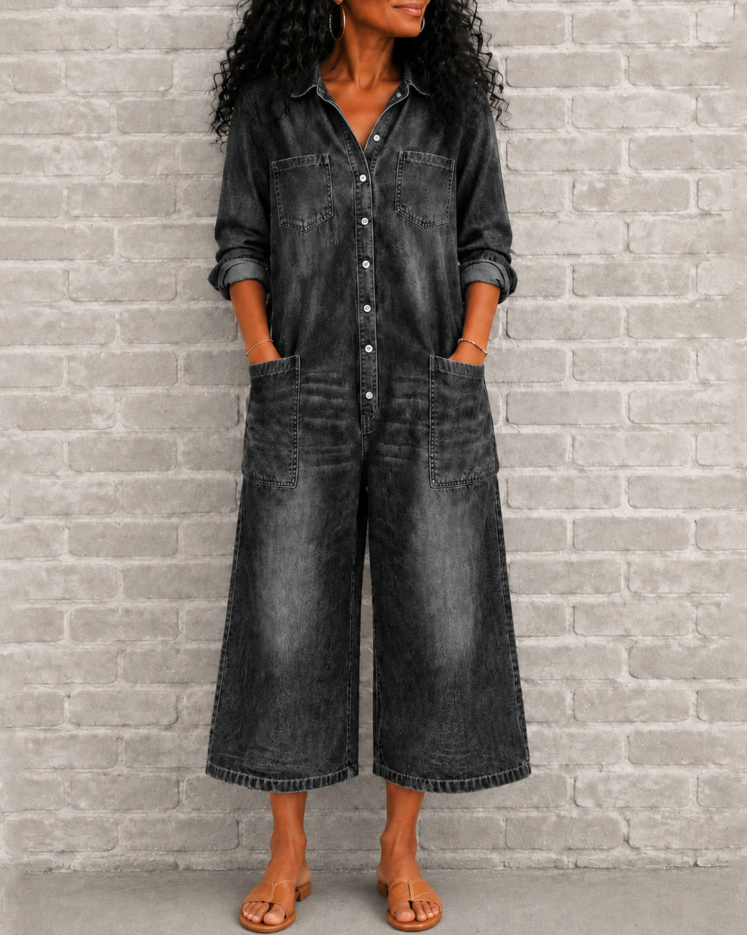 Women's Long Sleeve Button Down Collared Wide Leg Denim Jumpsuit