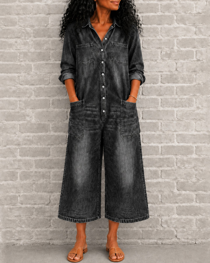 Women's Long Sleeve Button Down Collared Wide Leg Denim Jumpsuit