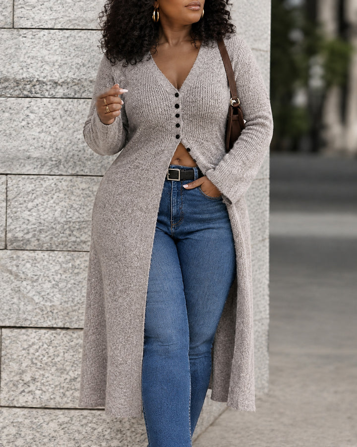 Women V Neck Button Front Long Sleeve Textured Knit Long Duster Cardigan