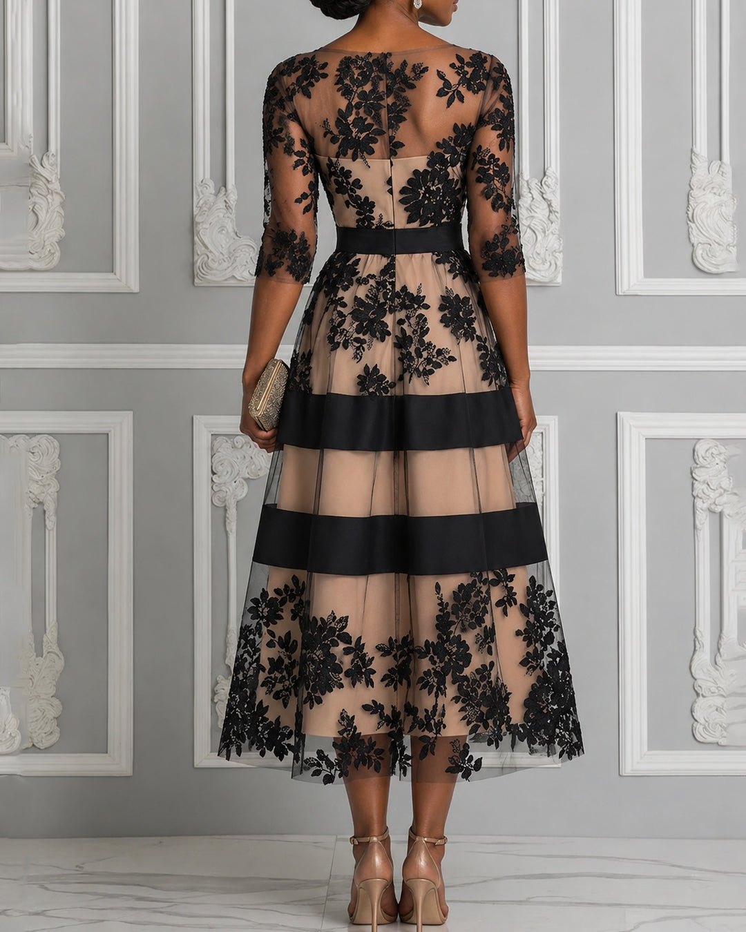 Women's Floral Lace Tulle 3/4 Sleeve A-Line Midi Dress