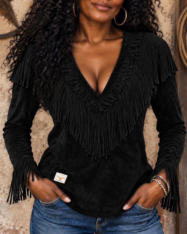 Women's Western Fringe V Neck Faux Suede  Long Sleeve Top