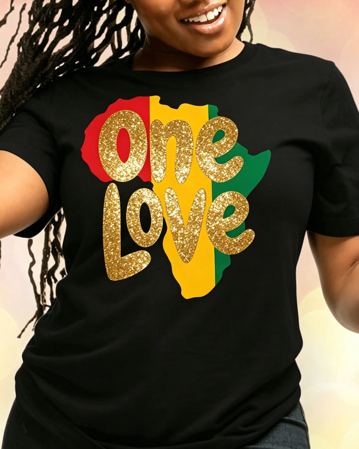 100% Cotton Golden Letters  One Love Africa Map Crew Neck Short Sleeve Tshirt