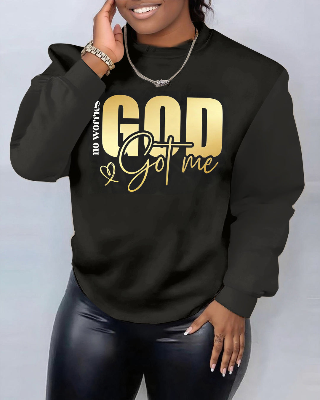 Gold Print God Got Me Crewneck Long Sleeve Sweatshirt