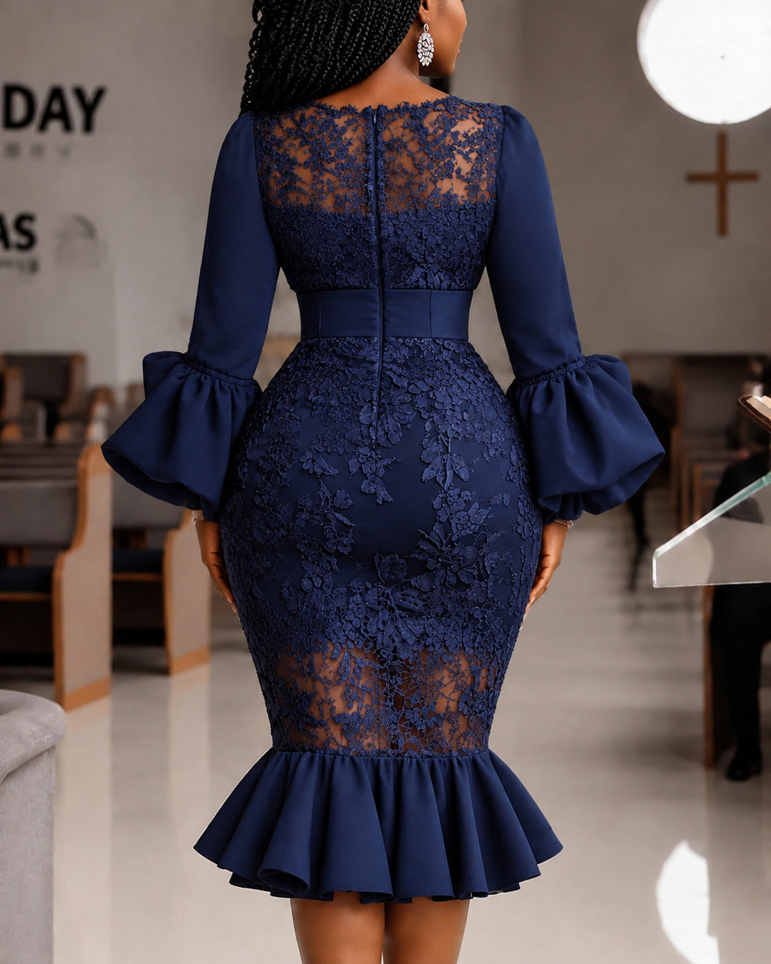 Puff Sleeve Sheer Floral Lace Applique Ruffle Hem Cocktail Party Dress