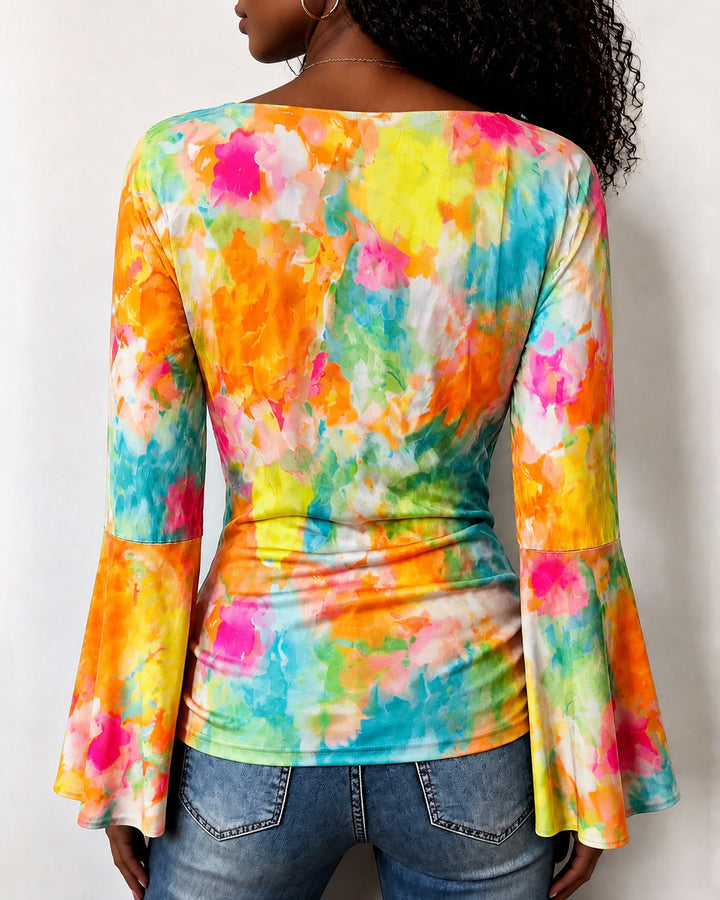 Cowl Neck Colorful Random Print Printing Long Bell Sleeve Top