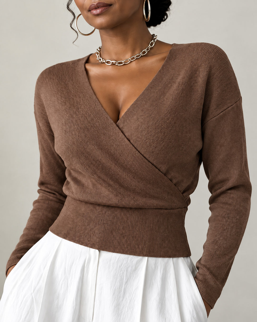 Women's Wrap V Neck Ribbed Knit Top