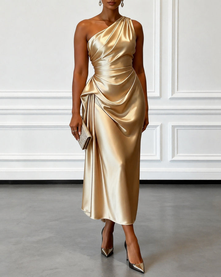 Ruched Satin One Shoulder Sleeveless Sheath Midi Dress