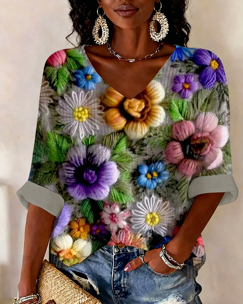 Fun 3D Floral Prints V-neck Half Sleeved Loose Top