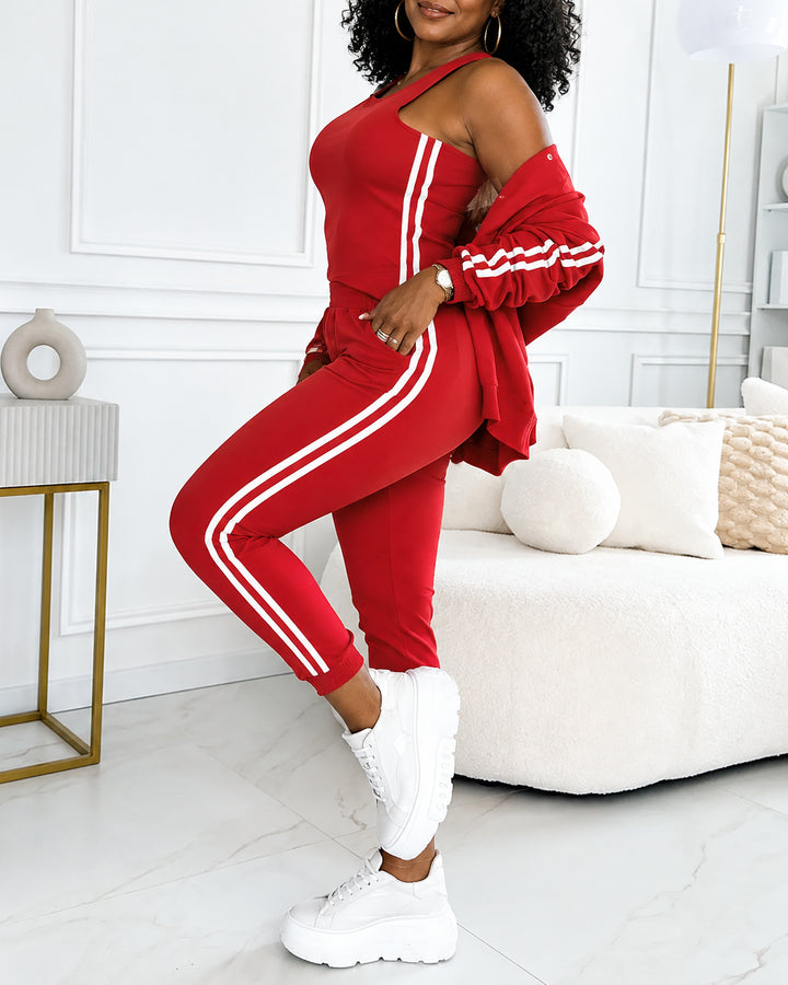 Women's 3 Piece Outfit Set Striped Sleeve Bomber Jacket Cami Top & Drawstring Jogger Pants Casual Tracksuit