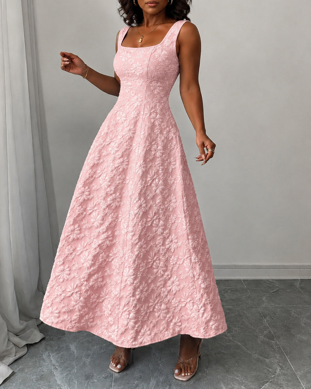 Jacquard Square Neck Sleeveless Waisted Elegant Maxi Swing Dress