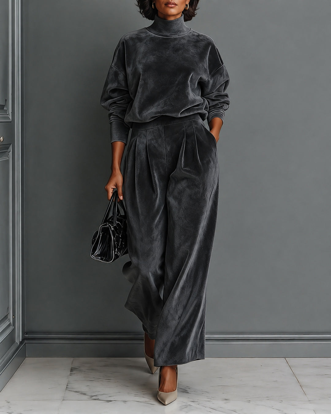 Elegant Turtleneck Velvet Top & Wide Leg Pants Two Piece Set
