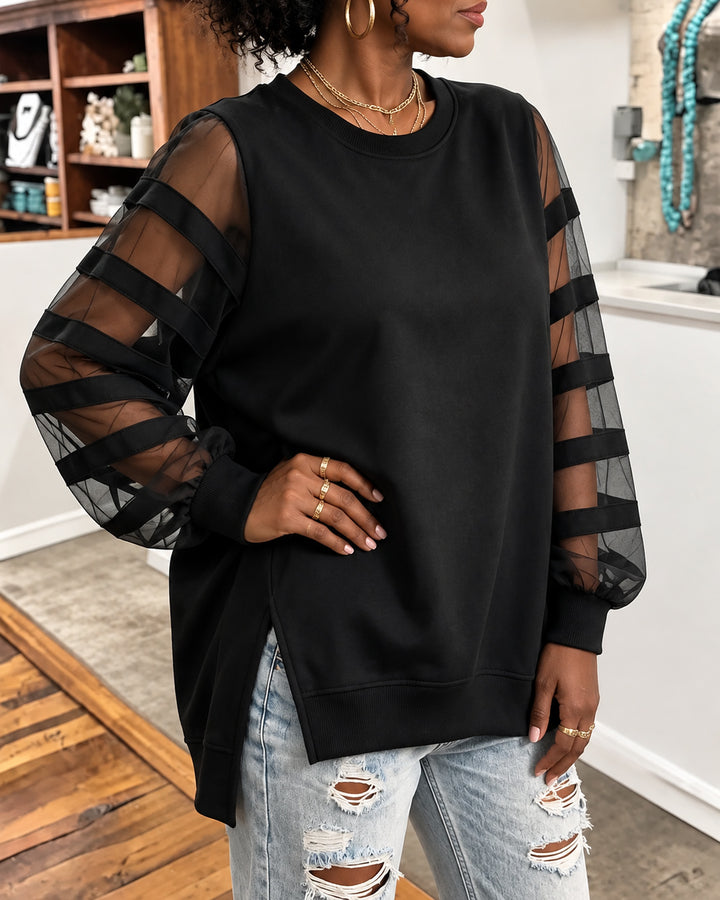 Women Mesh Striped Long Sleeve Top