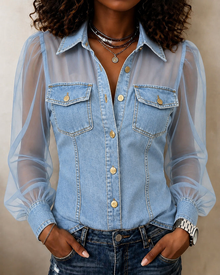 Collared Button-down Long-sleeved Shirt with Mesh Trim