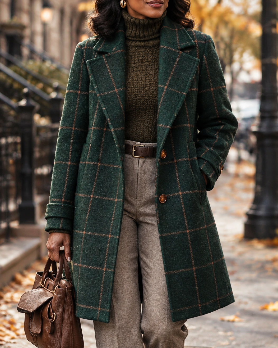 Women's Plaid Wool Blend Long Coat
