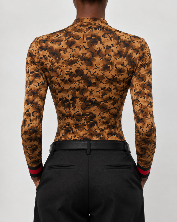 Classic Leopard Print and Stripes Crew Neck Long Sleeve Stretchy Basic Top