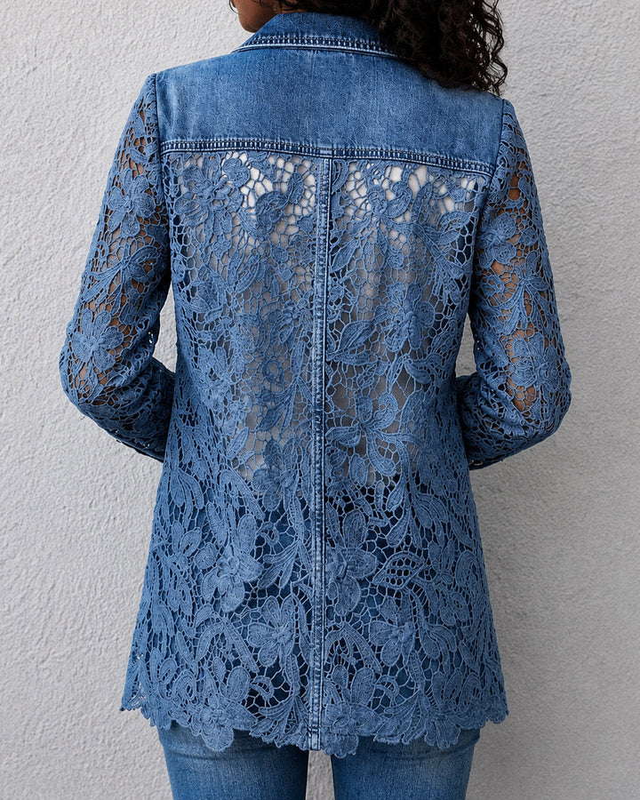 Stylish Casual Denim Jacket With Paneled 3d Lace Details