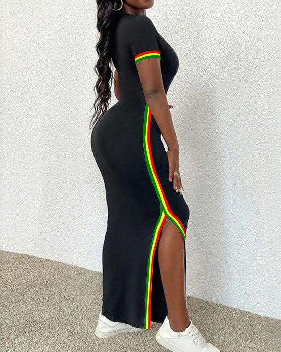 Reggae Stripe Hem Slit Crew Neck Short Sleeve Dress