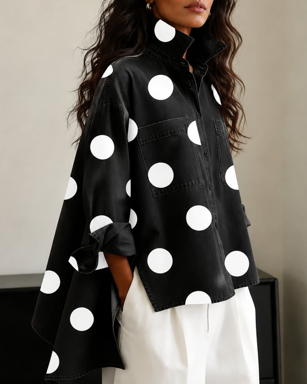 Oversized Polka Dot Denim Stand-up Collar Loose Irregular Shirt