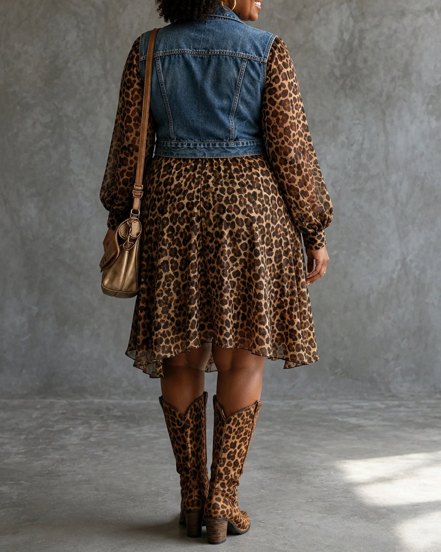 Lapel Leopard Print Chiffon Panel Mini Dress