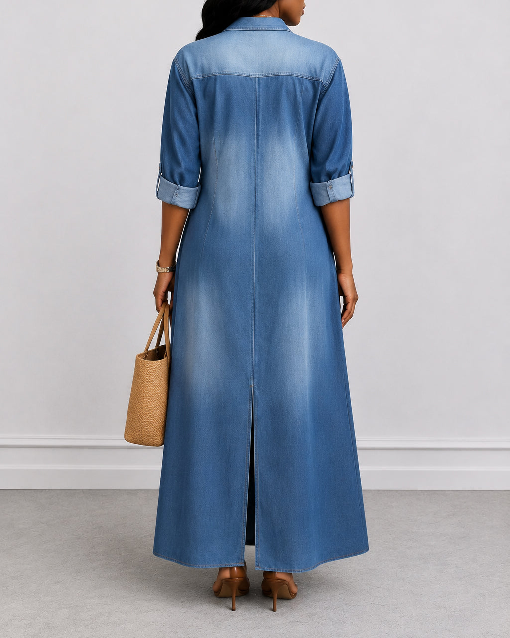 Collared Long Sleeve Retro Denim Pocket Maxi Dress