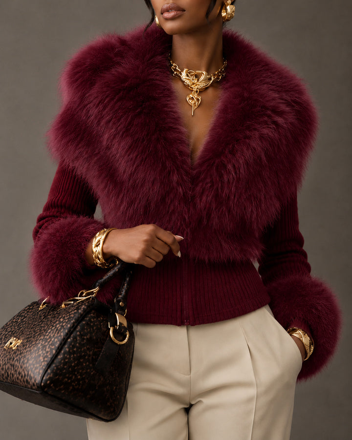Women Faux Fur Collar & Cuff Ribbed Knit Cropped Jacket