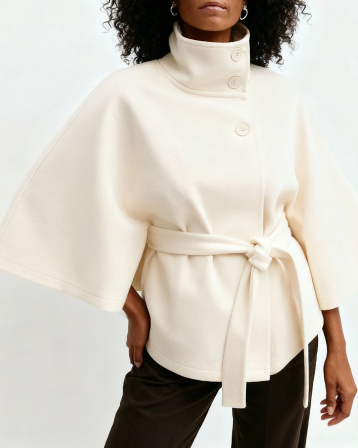 Fashion Solid Color Poncho Collar Button Belt Coat
