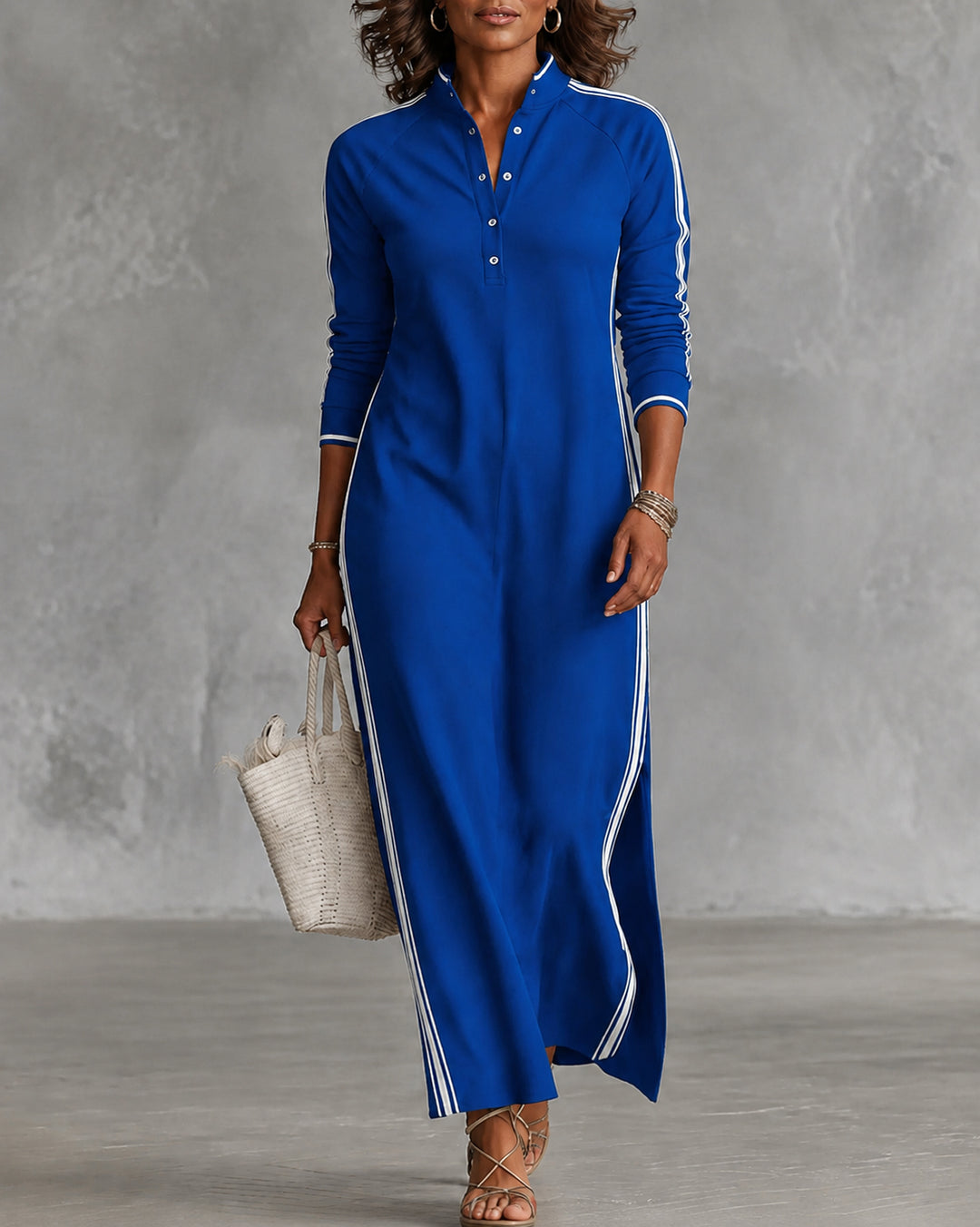 Stand-up Collar Button-down Long-sleeved Side Striped Dress