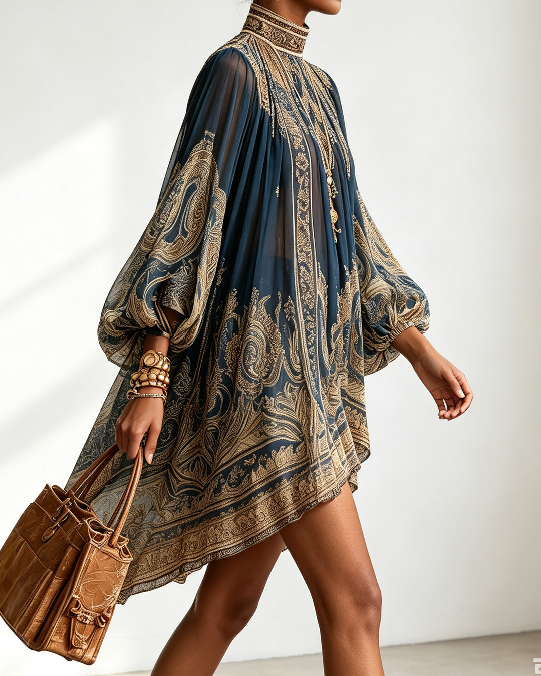 Baroque Print High-neck Irregular Chiffon Mini Dress