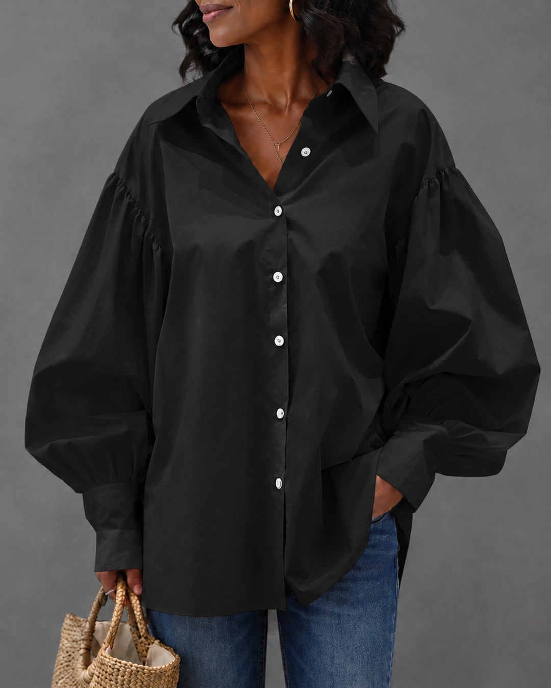 Lantern Sleeve Button-down Loose-fitting Stylish Shirt Blouse