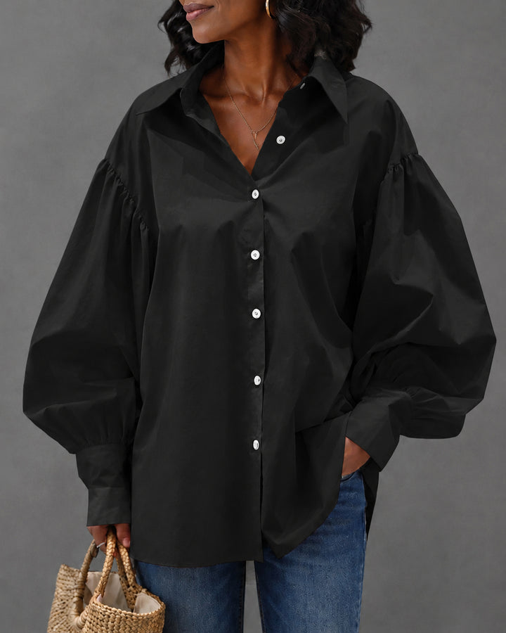 Lantern Sleeve Button-down Loose-fitting Stylish Shirt Blouse