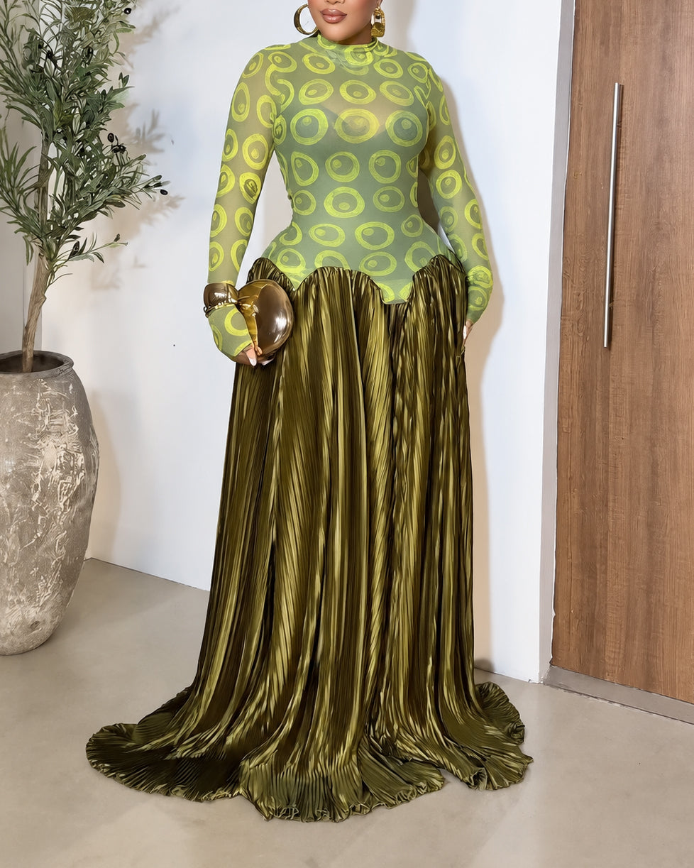 Women's Mock Neck Mesh Print Sheer Mesh Top with Pleated Maxi Dress
