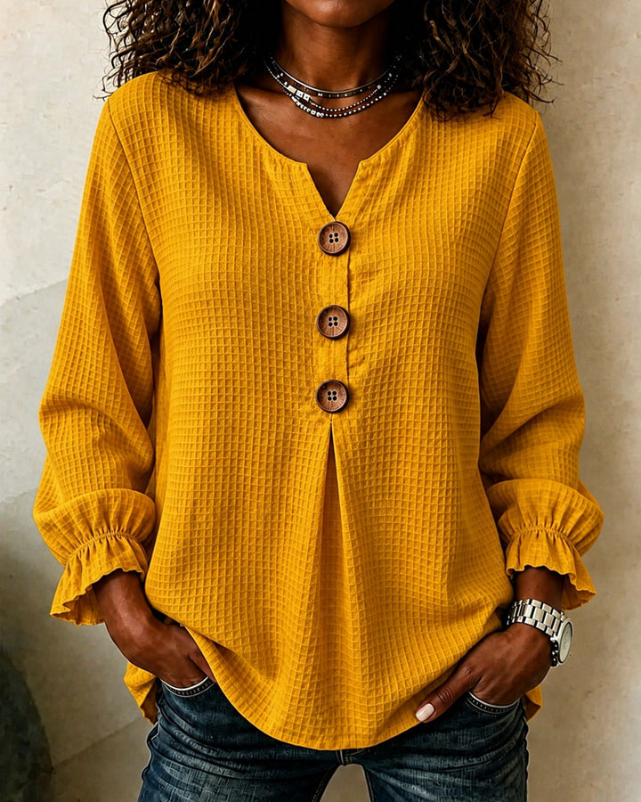 Round Neck Solid Color Waffle Knit Long-sleeved Top
