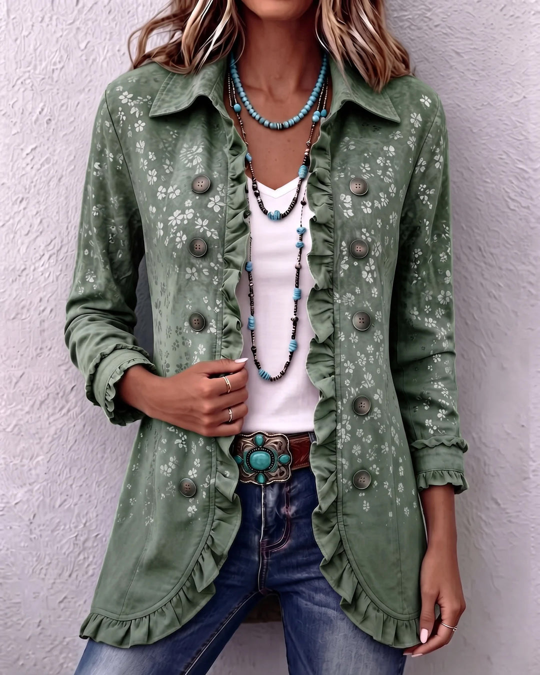 Vintage Leopard Gradient Print Linen Blend Ruffle Jacket
