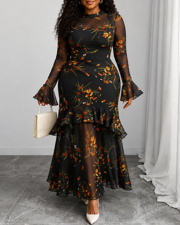 Elegant Sexy Mesh Patchwork Colorful Floral Print Retro Flare Sleeve Ruffle Hem Layered Dress