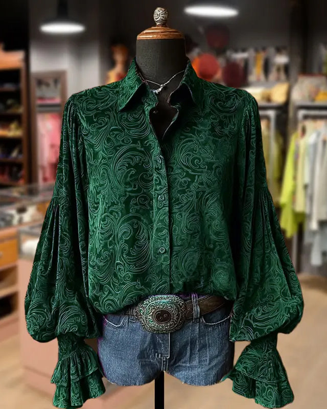 Vintage Floral Print Lantern Sleeve Velvet Top Casual Shirts
