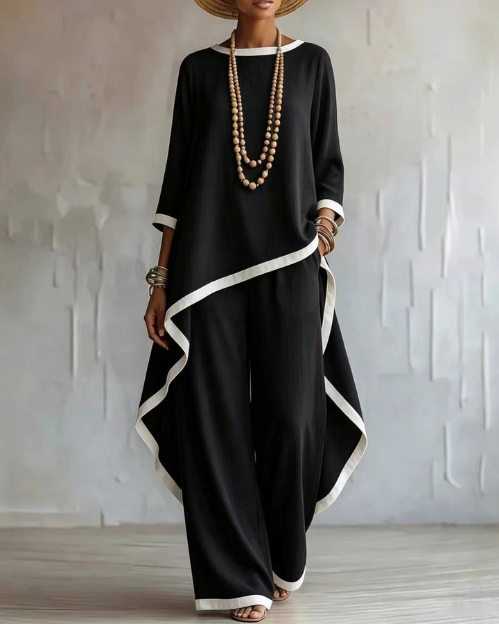 Loose Round-neck High-low Asymmetric Blouses&shirts Tops + Pockets Pants Trousers Two Pieces Set