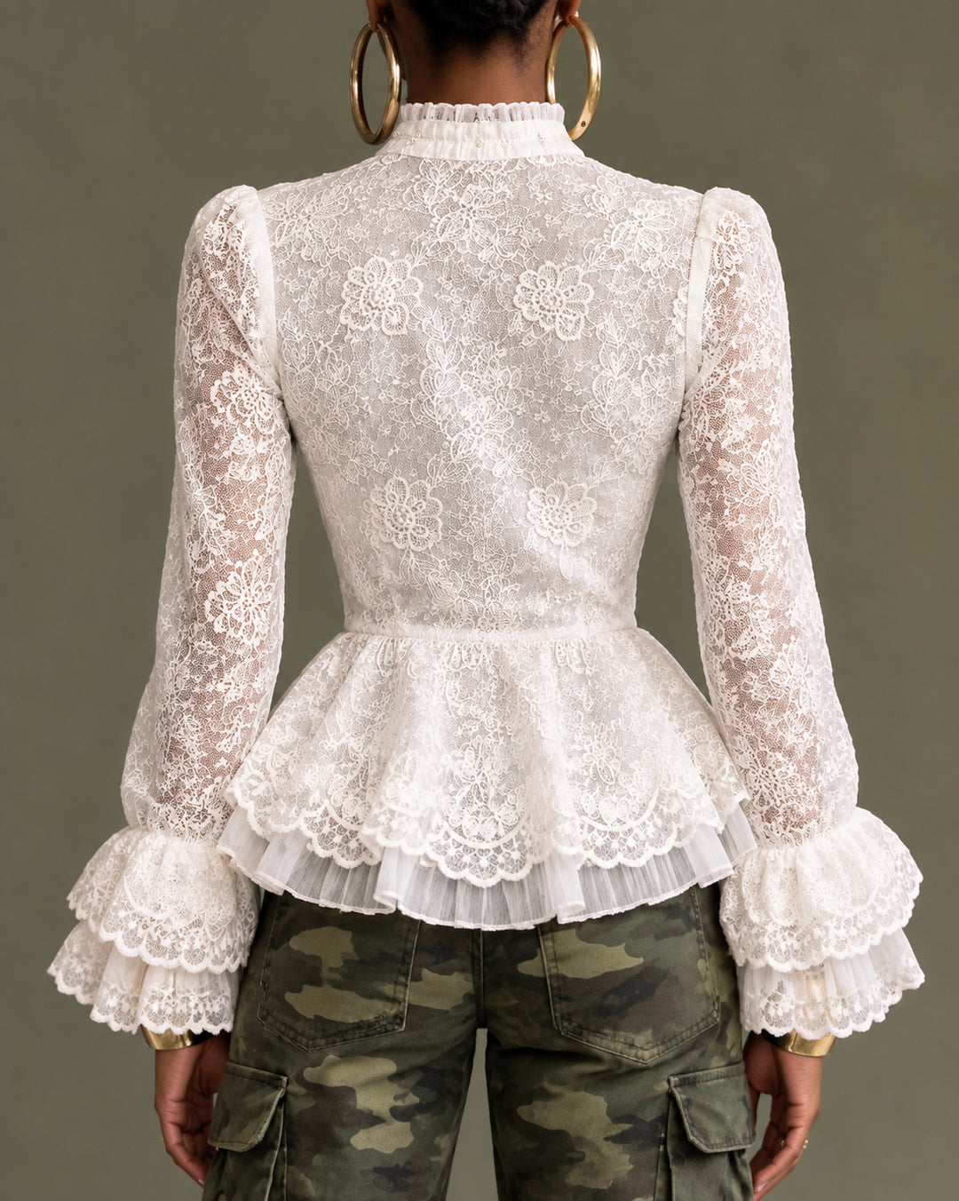 White Floral Lace Ruffled High Neck Puff Long Sleeve Blouse