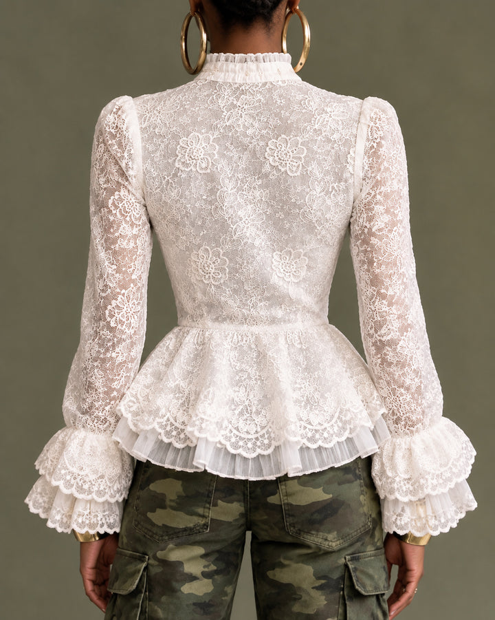 White Floral Lace Ruffled High Neck Puff Long Sleeve Blouse