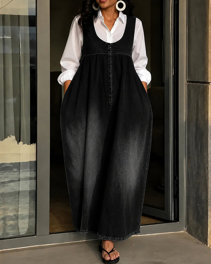 Stylish Sleeveless Loose-fitting Pocket Casual Denim Maxi Dress
