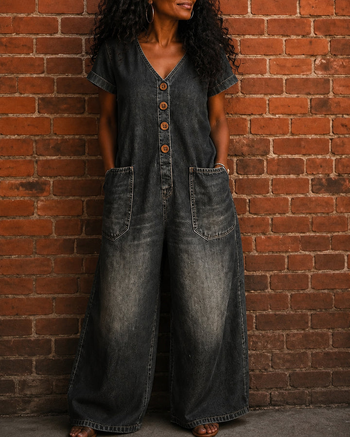 100% Denim V-neck Pocket Wide-leg Jumpsuit