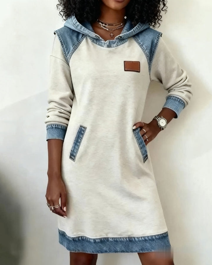 Contrast Color Stitching Fashion Sexy Waist Long Sleeve Dress