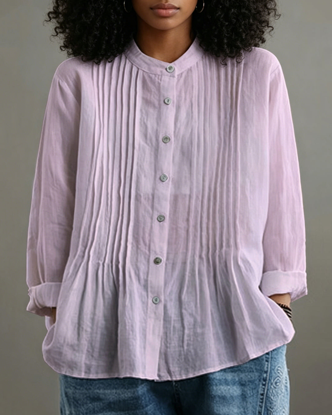 Casual Solid Color Pleated Long Sleeve Shirt