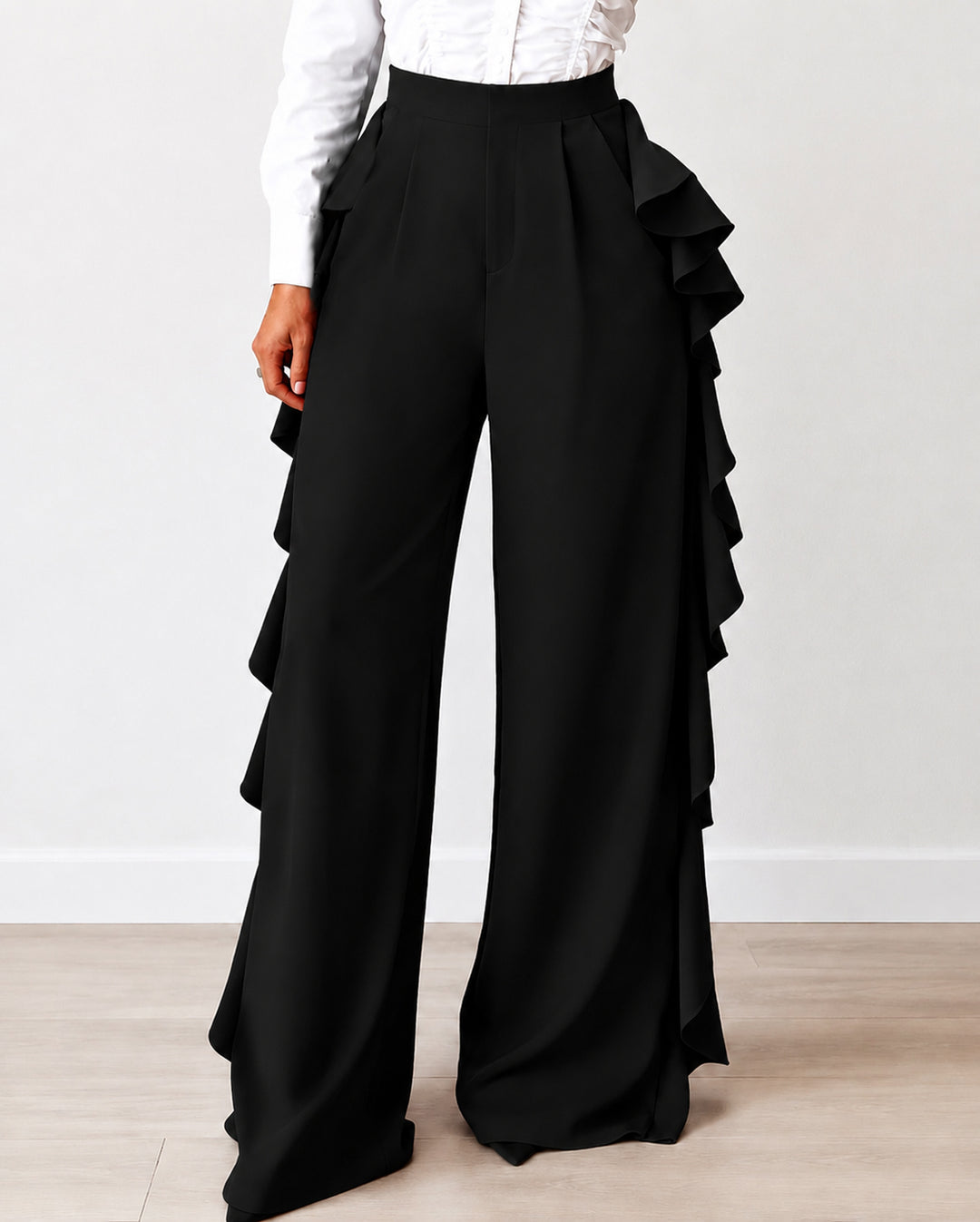 Ruffled High-waisted Wide-leg Pants